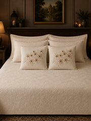 Jubilee beige quilted floral cotton bedcover set with embroidered cushion covers