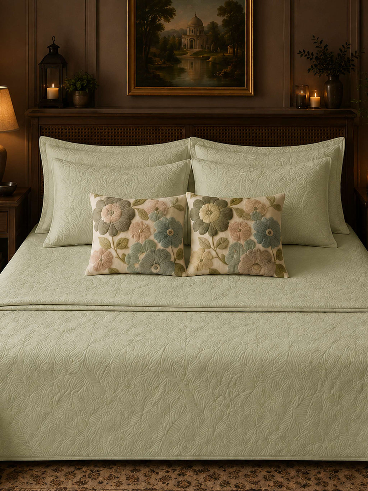 Maple light green floral quilted cotton bedcover set with embroidered cushion covers