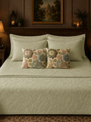 Maple light green floral quilted cotton bedcover set with embroidered cushion covers