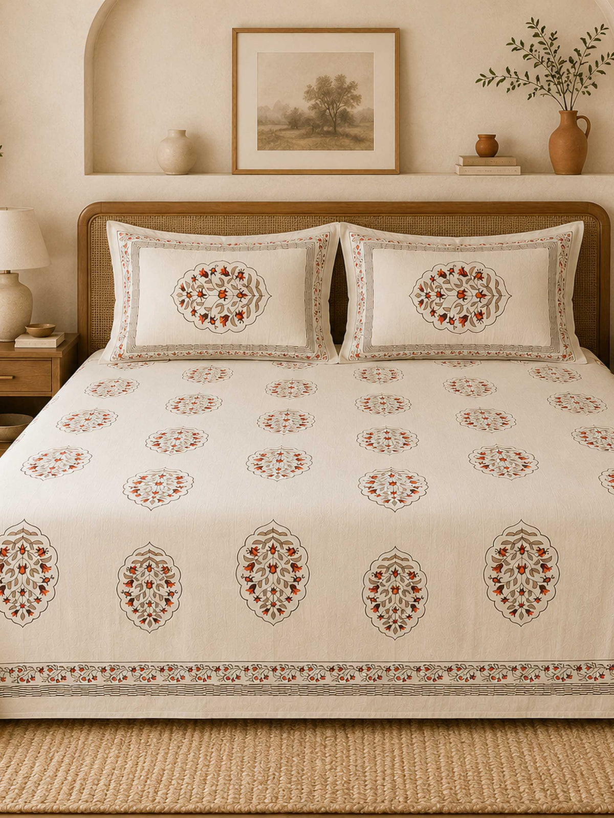 Khadi beige traditional printed cotton bedcover set with pillow covers