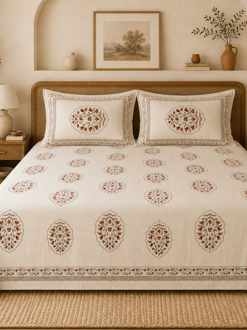 Khadi Beige Traditional Printed Cotton Bedcover Set