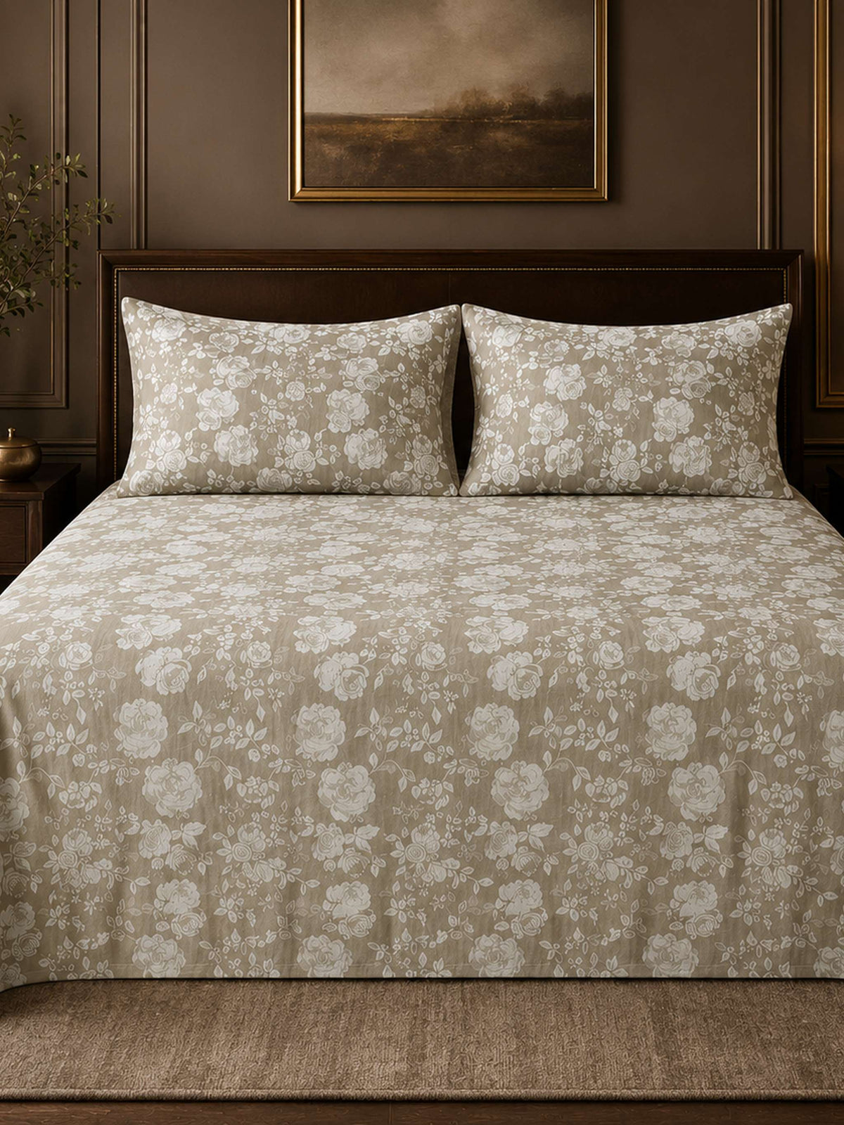 Greige floral print cotton bedcover set with two matching pillow covers on a bed