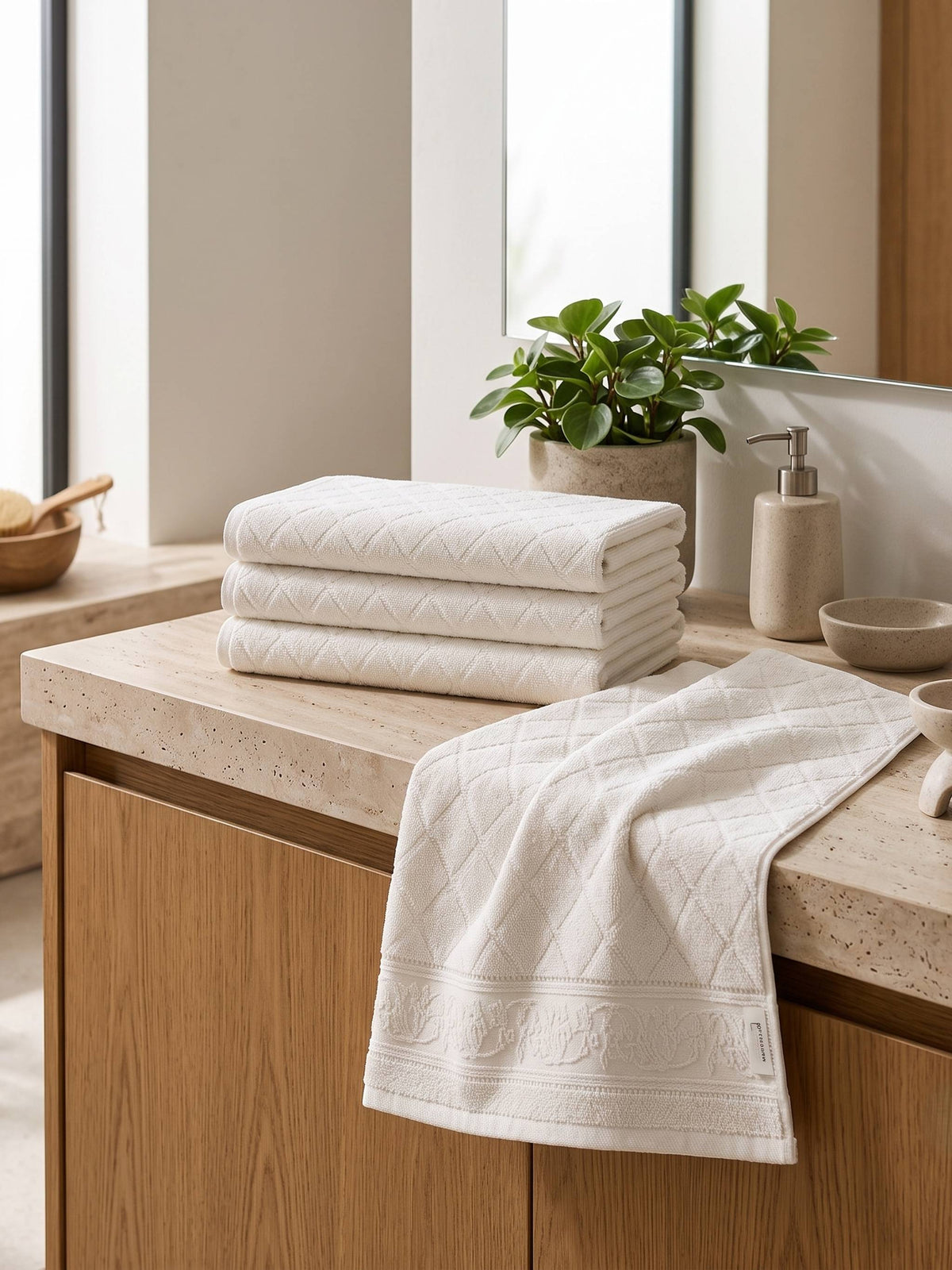 White cotton bath towel with diamond texture and jacquard floral border displayed on a modern bathroom vanity.