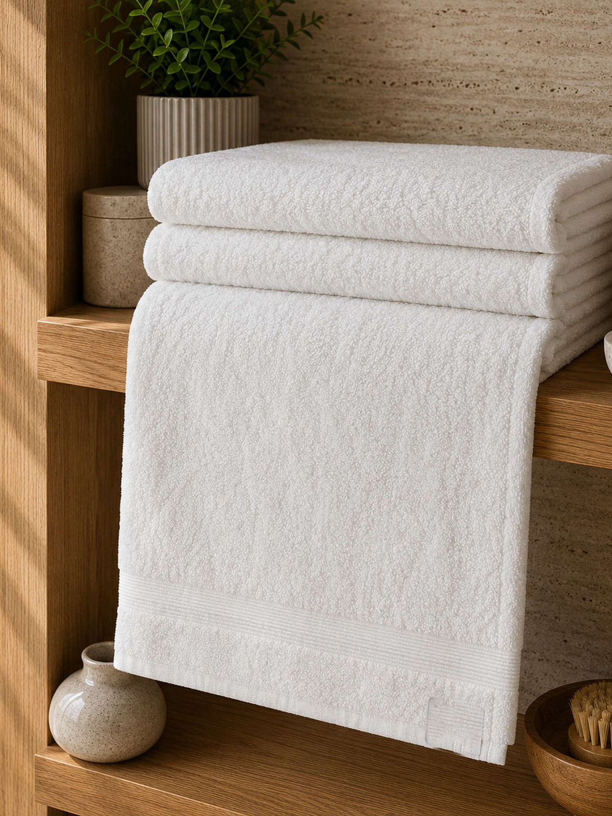 Ivory white cotton towels with a plain border, folded on a wooden shelf