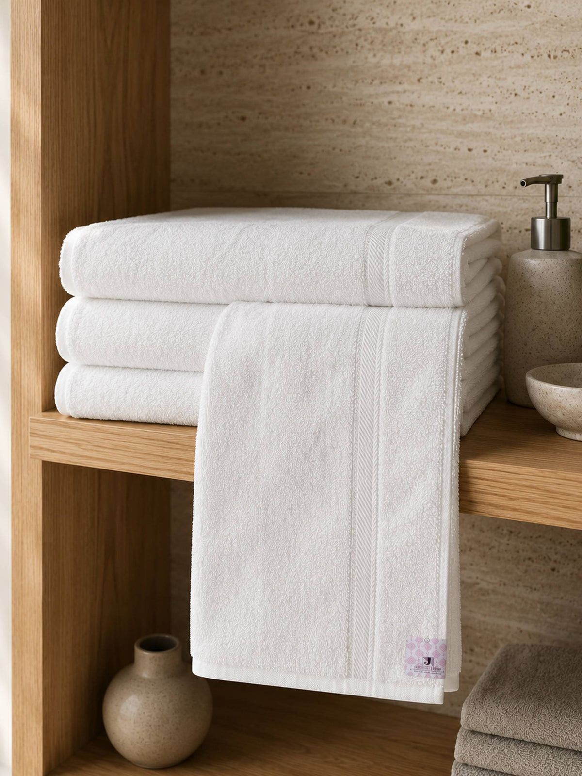 White cotton bath towel with double woven herringbone border displayed flat