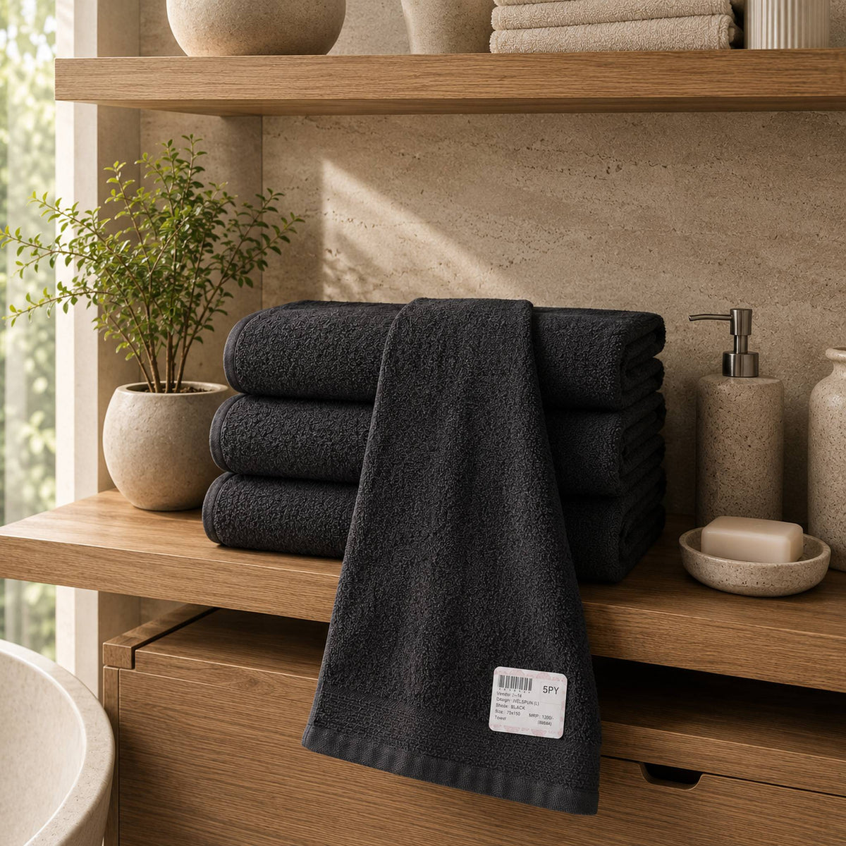 Charcoal cotton towels folded and hanging on a wooden bathroom shelf
