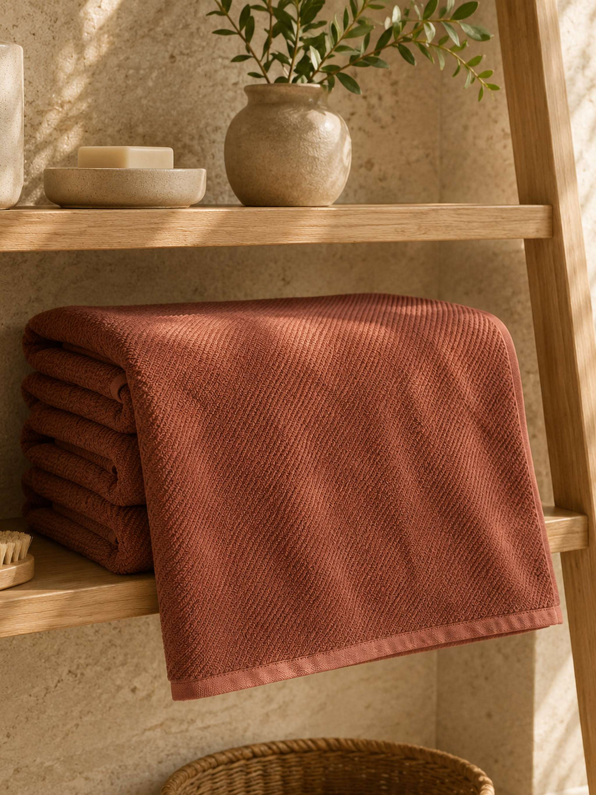 Brown plain cotton bath towel folded on a wooden bathroom shelf