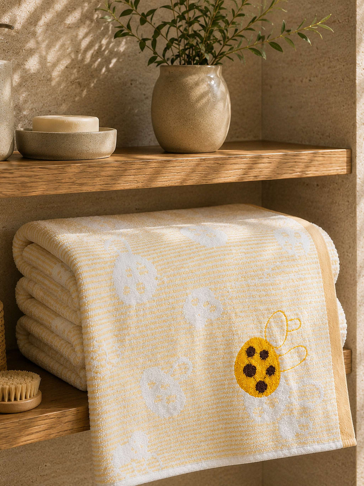 Yellow printed cotton bath towel with bee design folded on a wooden bathroom shelf
