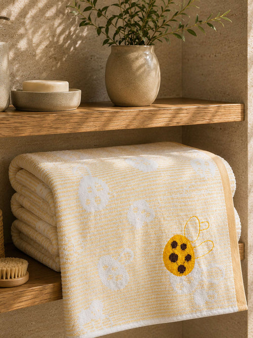 Yellow Printed Cotton Bath Towel with Bee Design