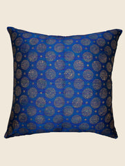 Royal blue cushion cover with an allover gold medallion brocade pattern