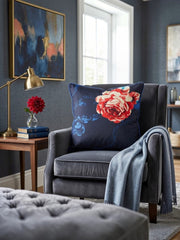 Blue polysilk cushion cover with red floral rose print on dark blue background