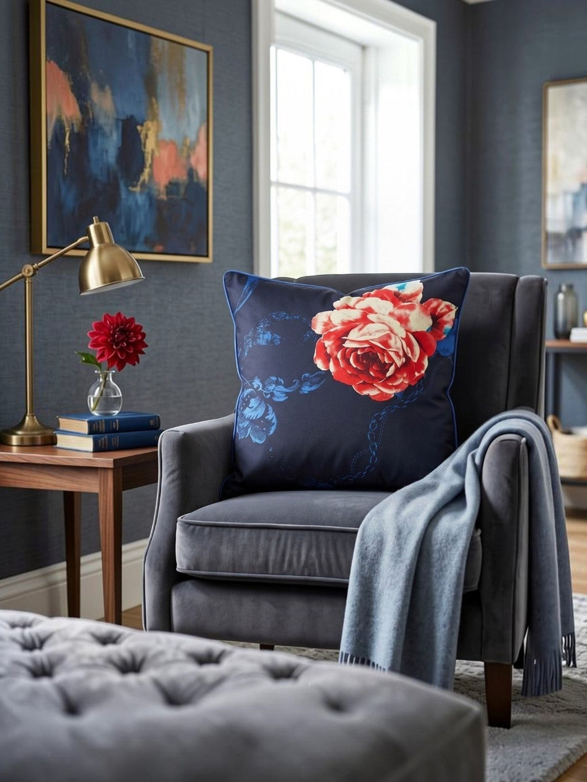 Blue polysilk cushion cover with red floral rose print on dark blue background