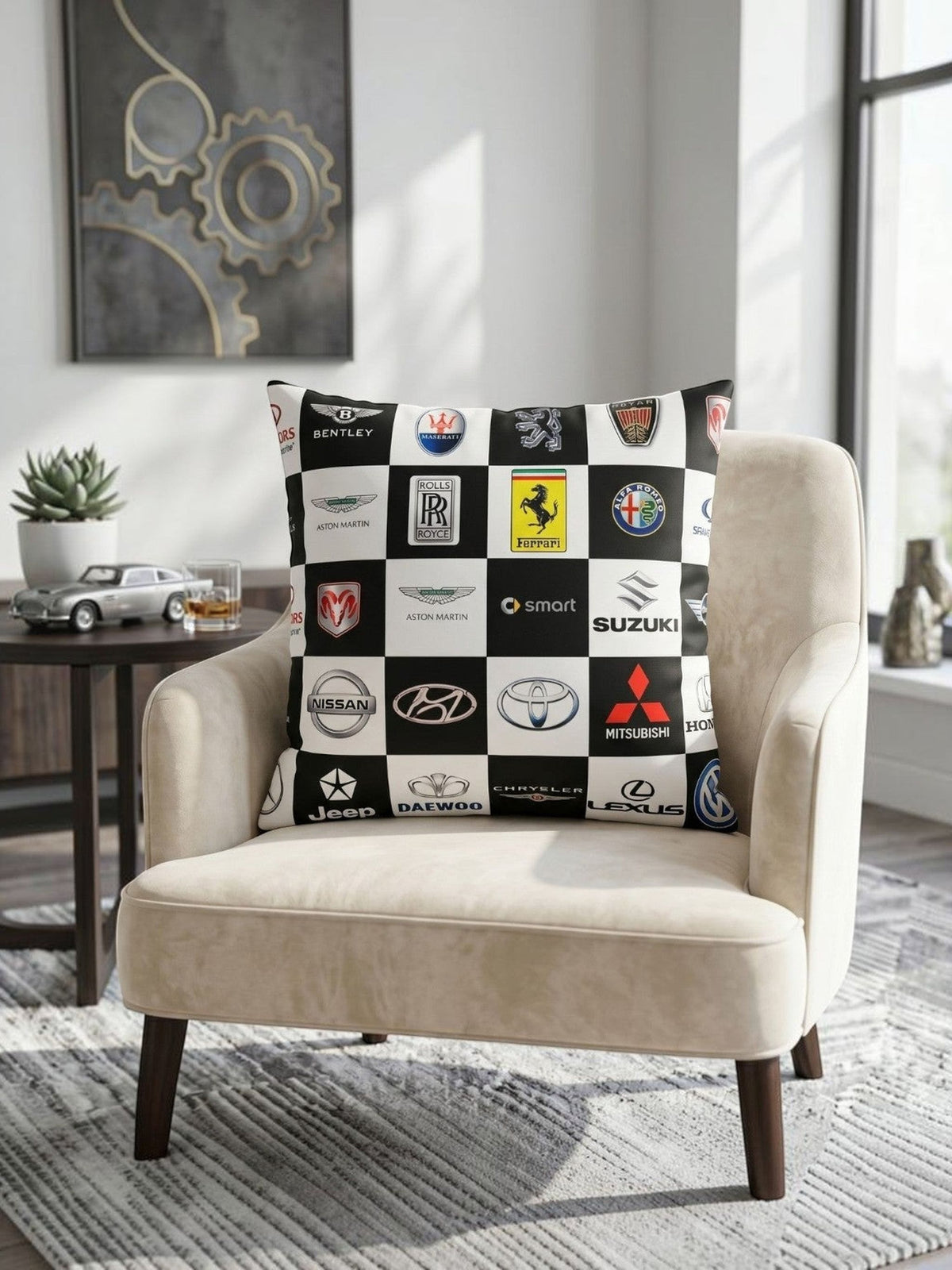 Reversible black and white polysilk cushion cover featuring automotive logo checkerboard print