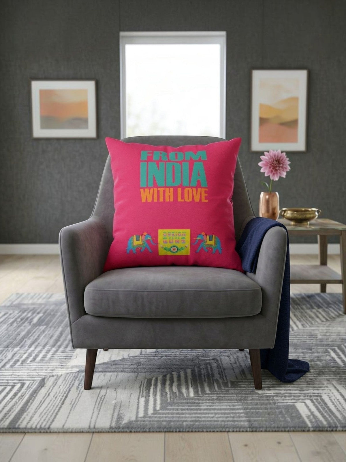 Pink reversible polysilk cushion cover with From India With Love graphic print and solid pink reverse side
