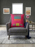Pink reversible polysilk cushion cover with From India With Love graphic print and solid pink reverse side