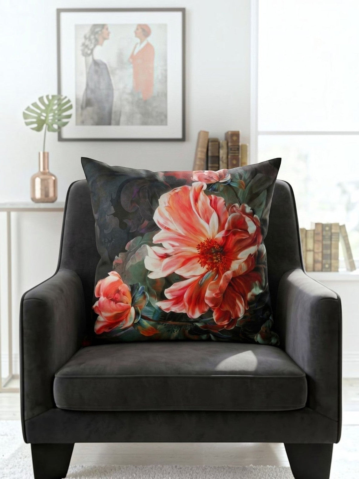 Multicolor floral velvet cushion cover featuring large coral and peach flowers on a dark artistic background