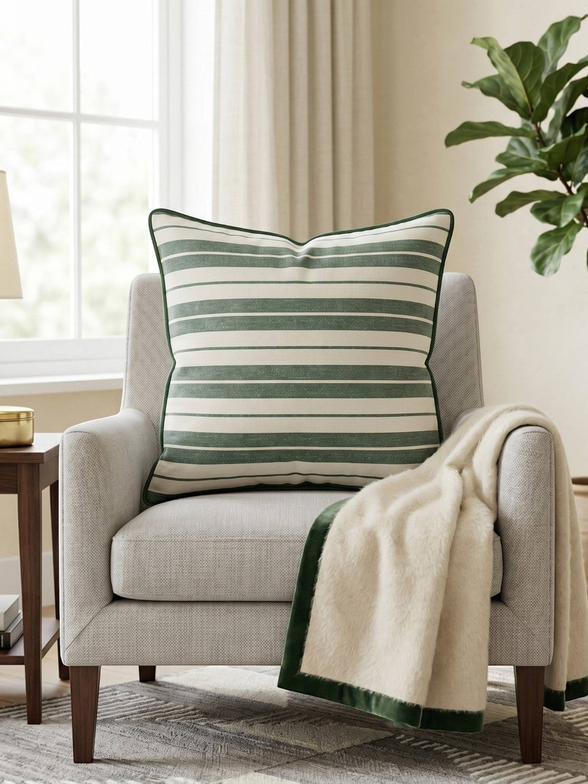 Green and white striped cotton cushion cover with contrast piping displayed on a beige accent chair