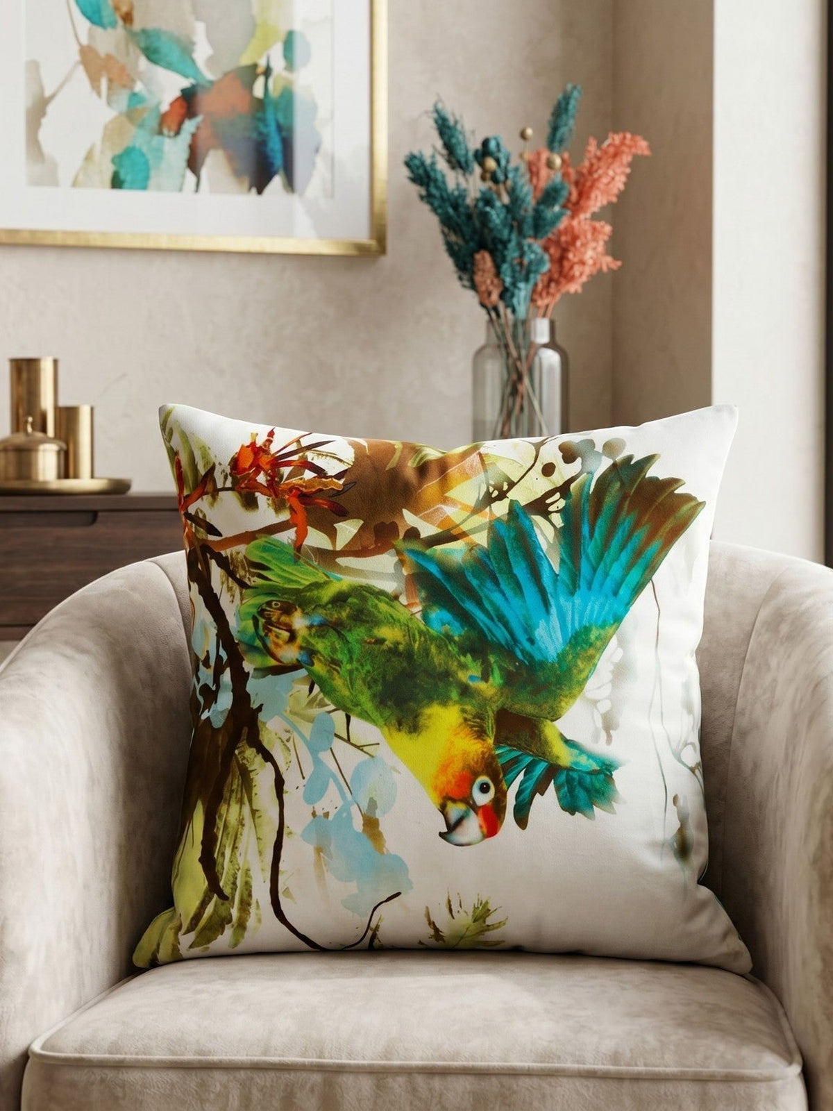 Cotton cushion cover featuring a colorful tropical parrot print with botanical foliage artwork on a light background