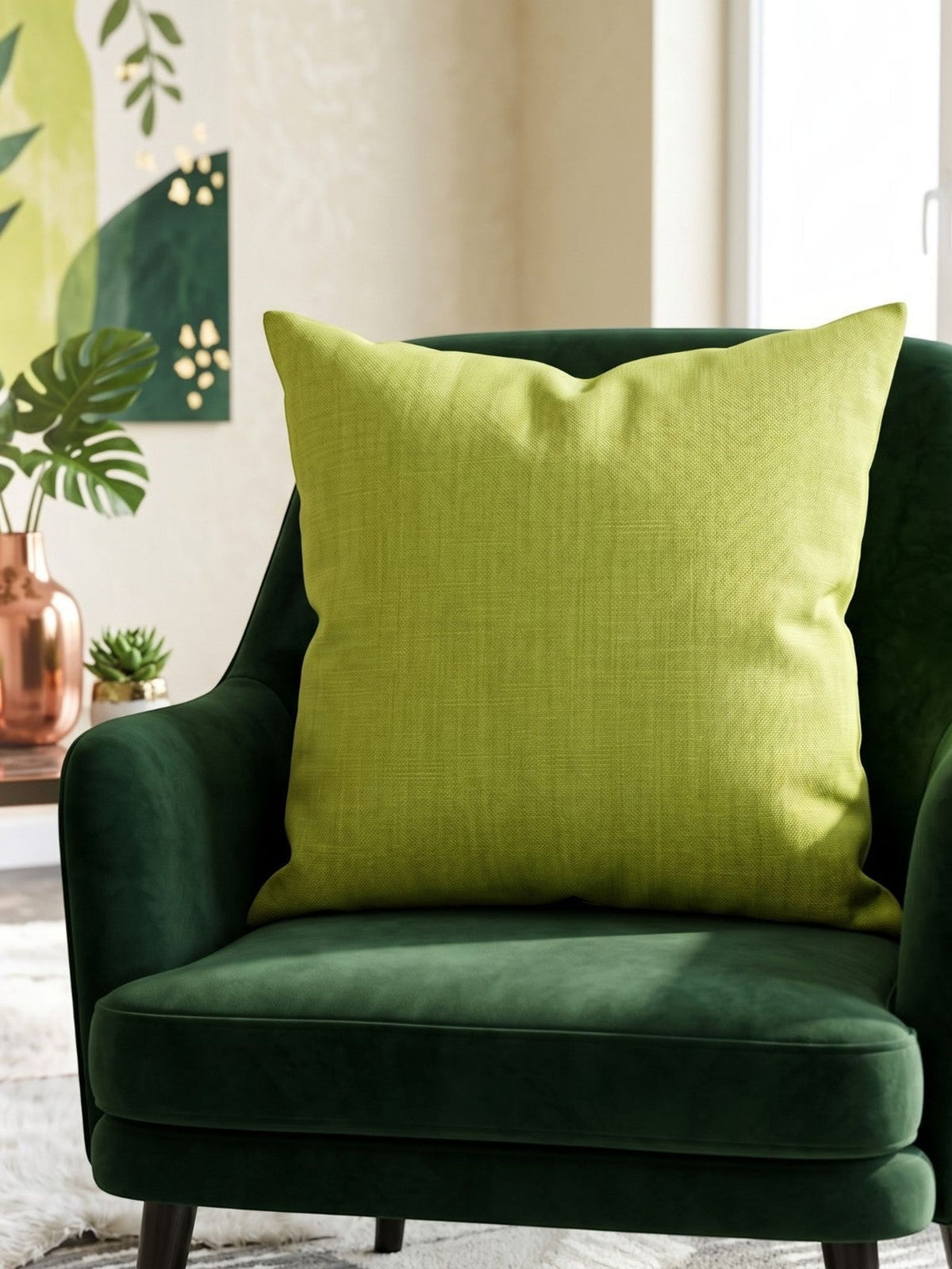 Green plain cotton cushion cover with subtle woven texture displayed on a dark green accent chair