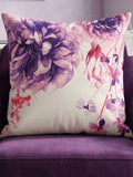 Blue floral printed polysilk cushion cover featuring elegant botanical flower motifs and decorative detailing