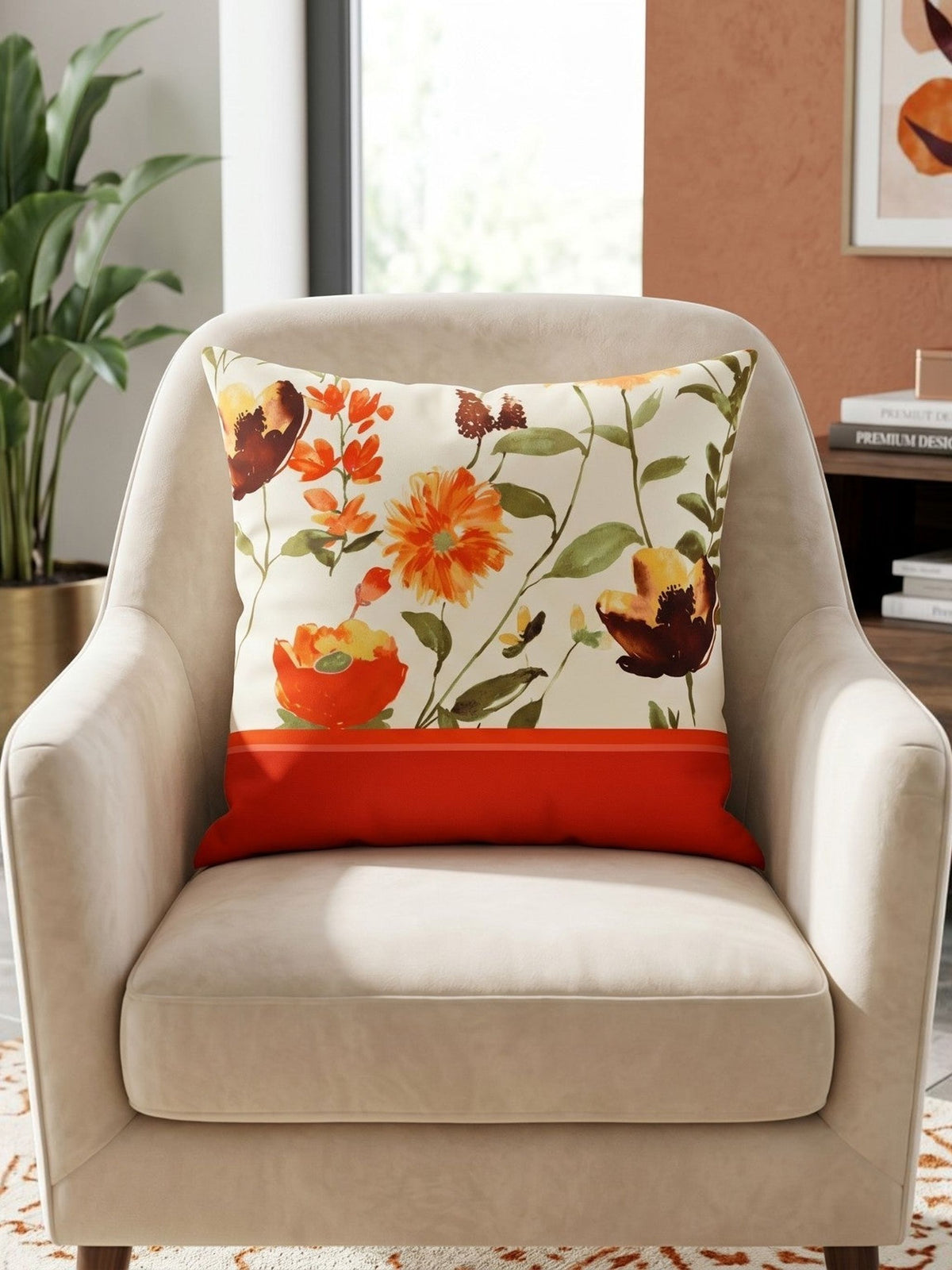 Orange floral printed polysilk cushion cover featuring watercolor flower motifs on an ivory background with orange border detailing