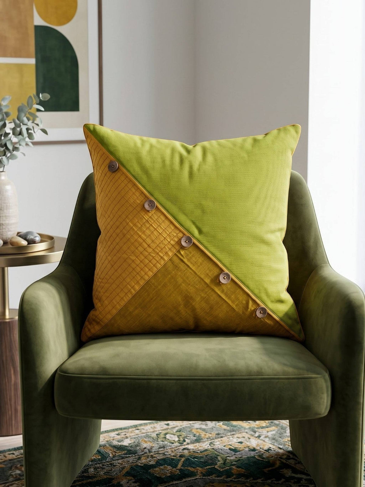 Green polysilk cushion cover with textured diagonal panel design and decorative button accents