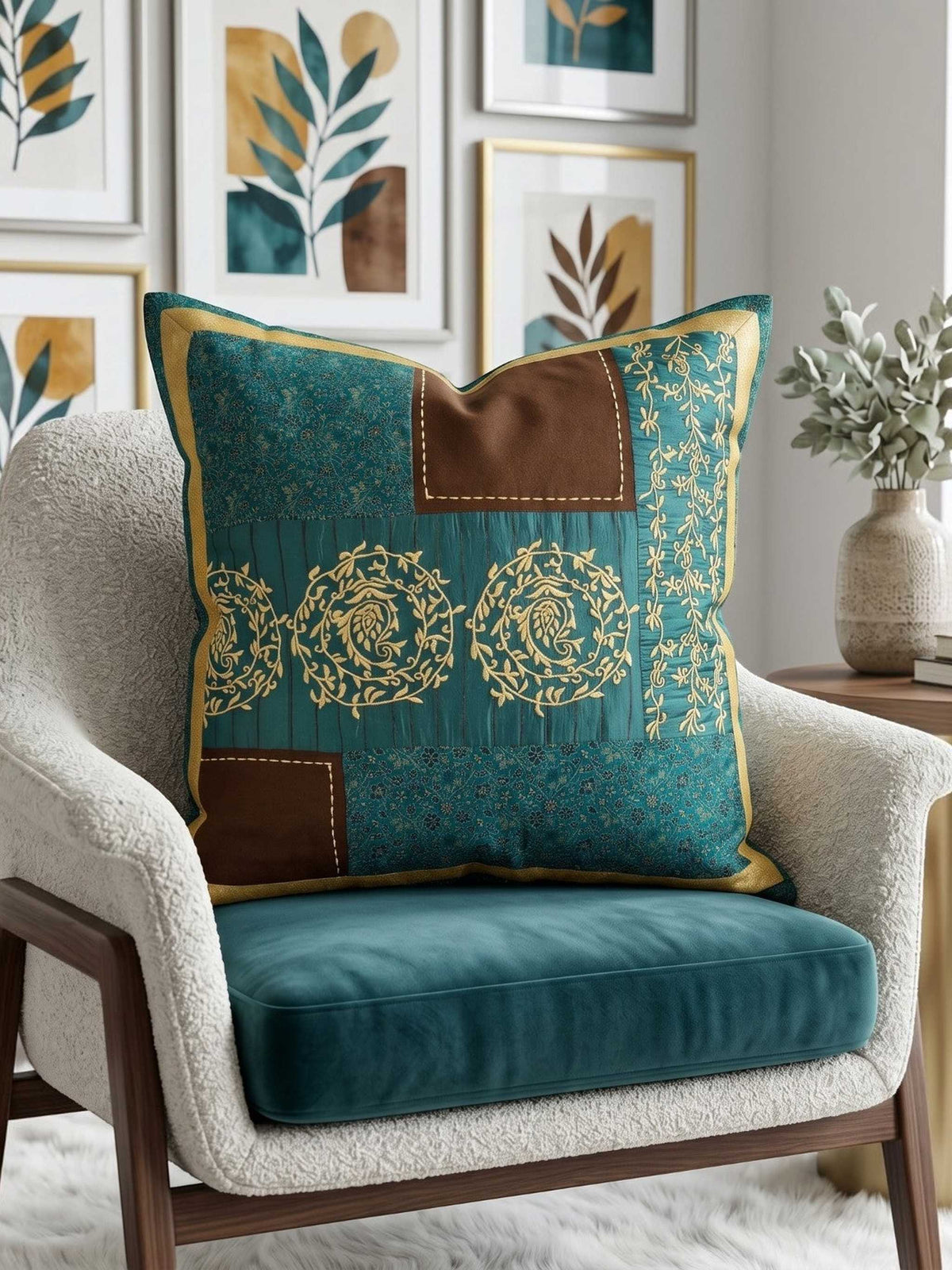 Green embroidered patchwork poly silk cushion cover with decorative ethnic