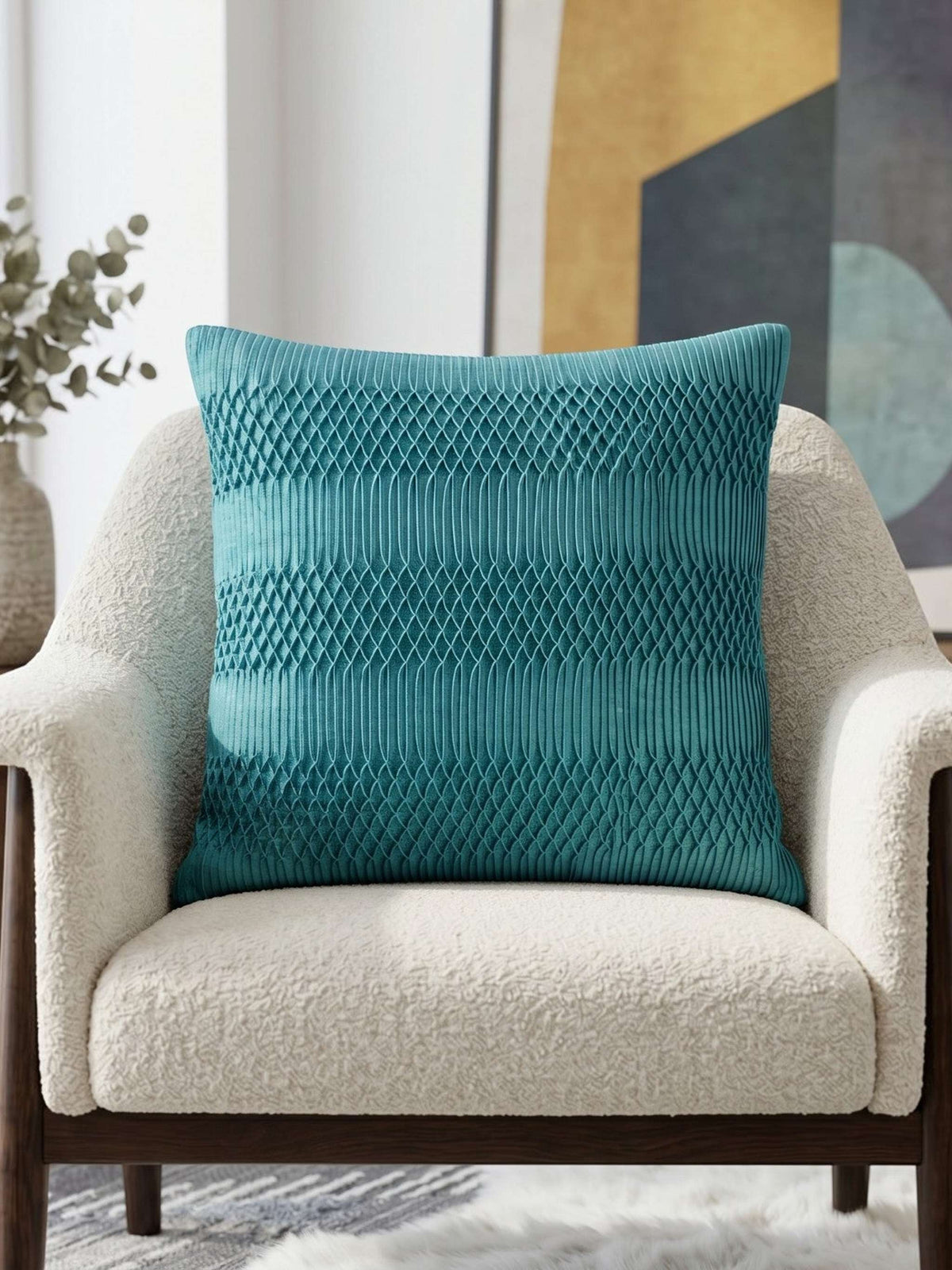 Blue pleated geometric poly silk cushion cover with textured designer pattern