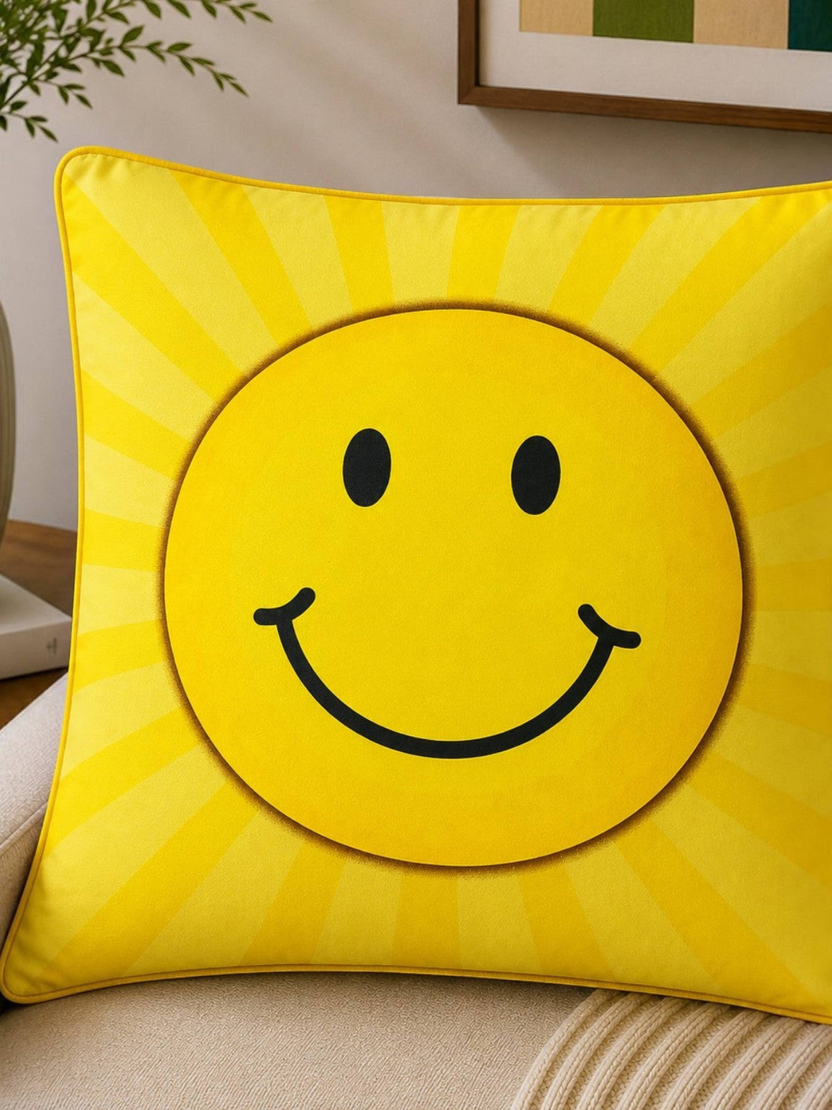 Yellow smiley printed cotton cushion cover with cheerful graphic design