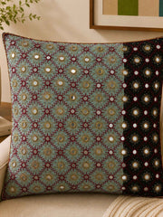 Sage green polysilk cushion cover featuring embroidered motifs with decorative bead work accents