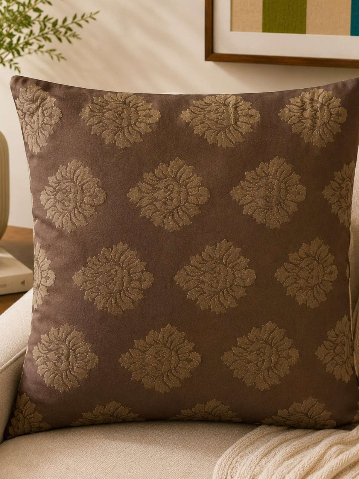 Brown reversible polysilk cushion cover with textured geometric pattern design