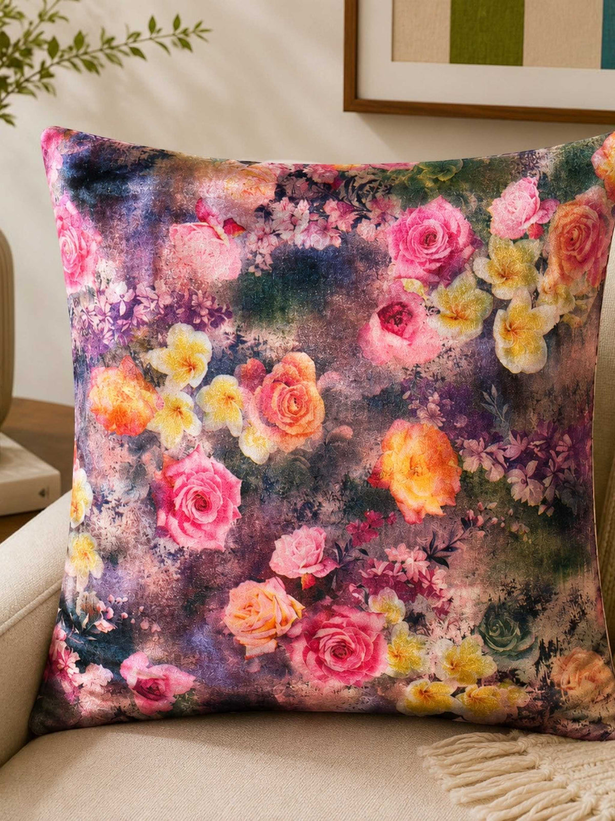 Purple velvet cushion cover with multicolor floral print design and vibrant roses