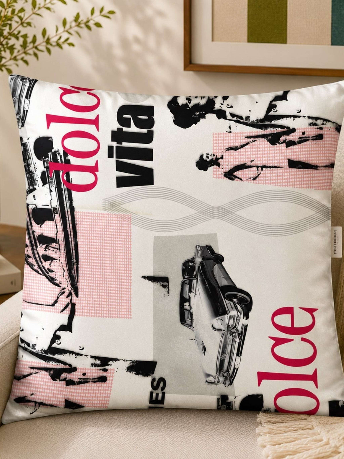 White typography printed polysilk cushion cover with vintage car graphics