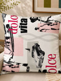 White typography printed polysilk cushion cover with vintage car graphics