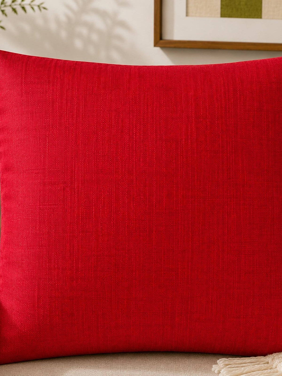 Red plain cotton cushion cover with textured fabric finish