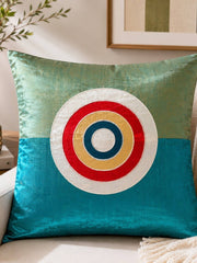 Blue patch work polysilk cushion cover with circular applique design