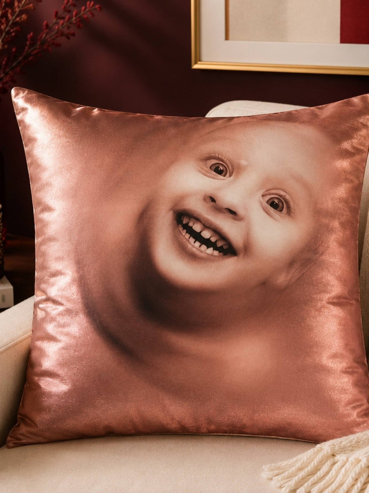 Baby portrait printed polysilk cushion cover in warm brown tones