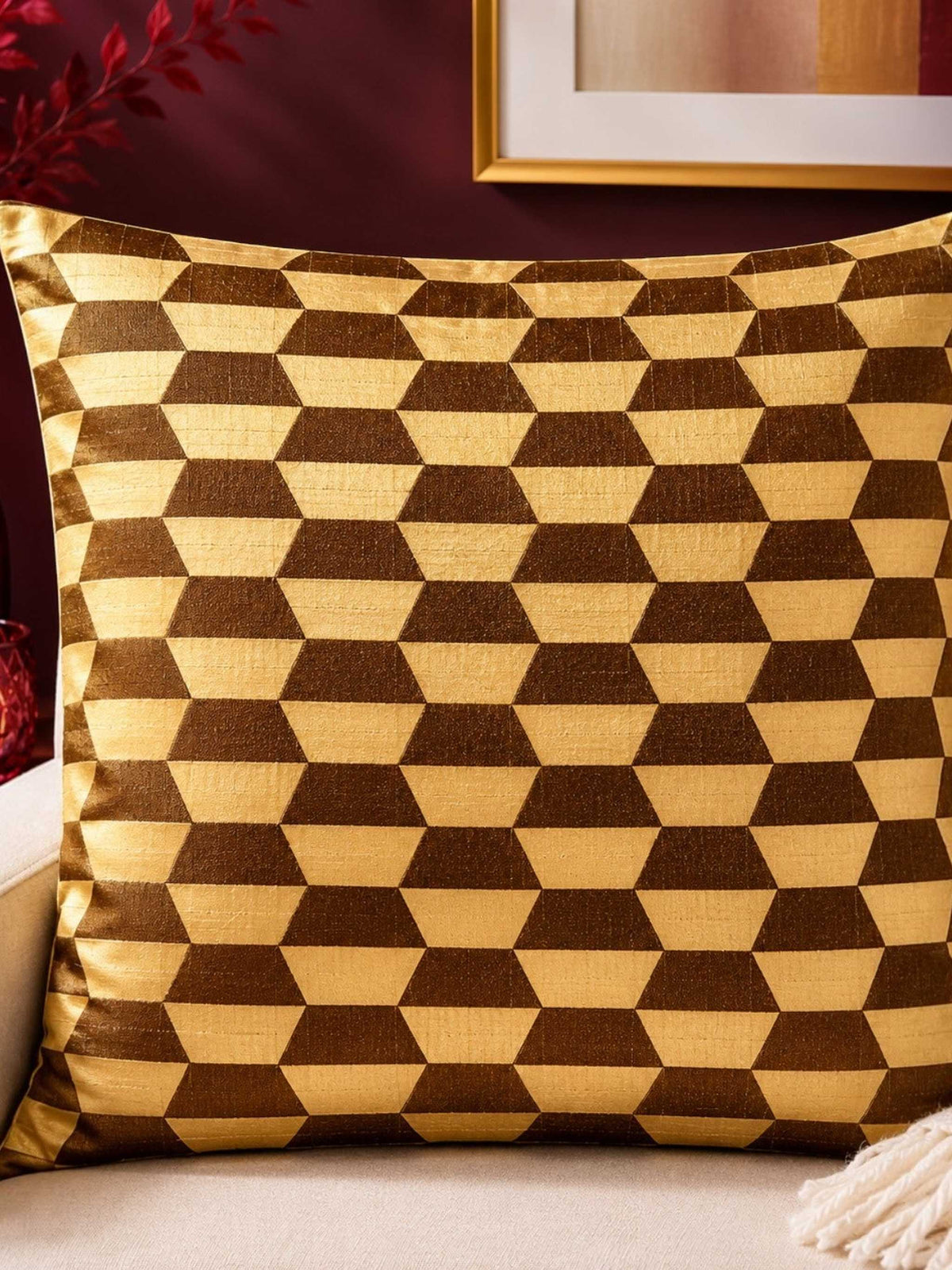 Gold geometric printed polysilk cushion cover with modern cube pattern