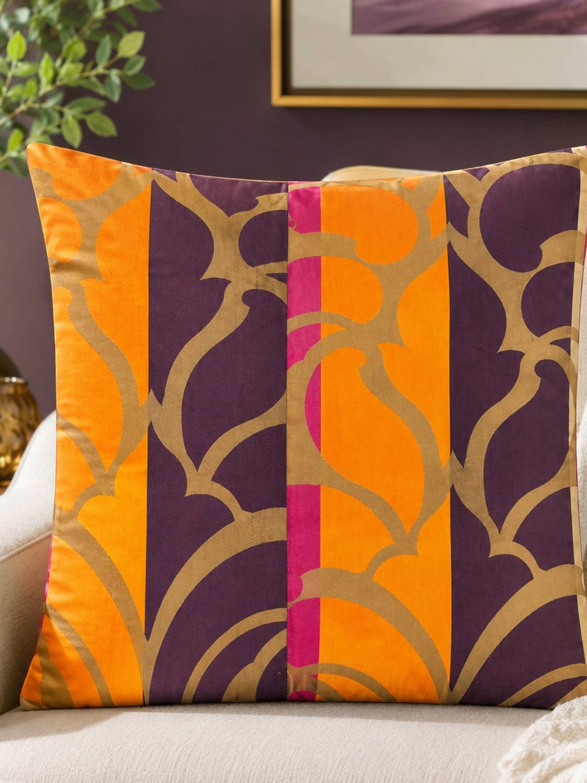 Abstract printed orange and purple polysilk cushion cover