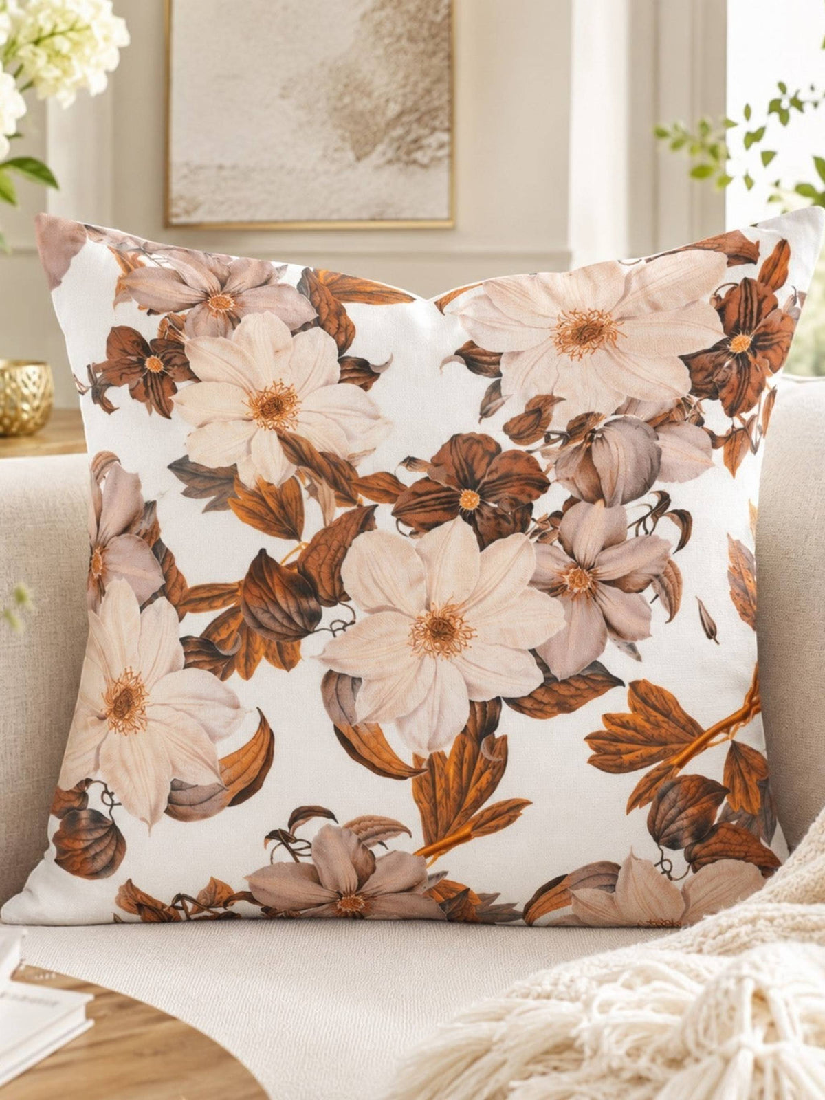 Floral printed polysilk cushion cover with botanical design