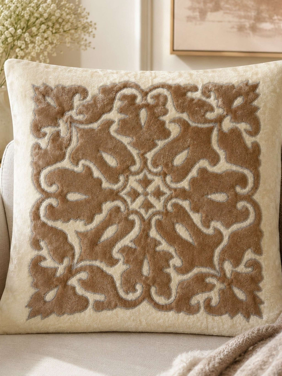 Jagdish Store off-white and brown velvet throw pillow cover with intricate damask embroidery and silver stitching.