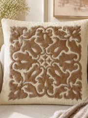 Jagdish Store off-white and brown velvet throw pillow cover with intricate damask embroidery and silver stitching.