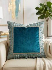 Jagdish Store teal velvet throw pillow cover with woven border and dangling crystal bead fringe trim.