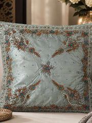 Jagdish Store light blue satin throw pillow cover with copper embroidery, sequins, and turquoise faux gemstones.