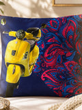 Jagdish Store reversible throw cushion cover with yellow scooter and pink and blue paisley print on navy fabric.