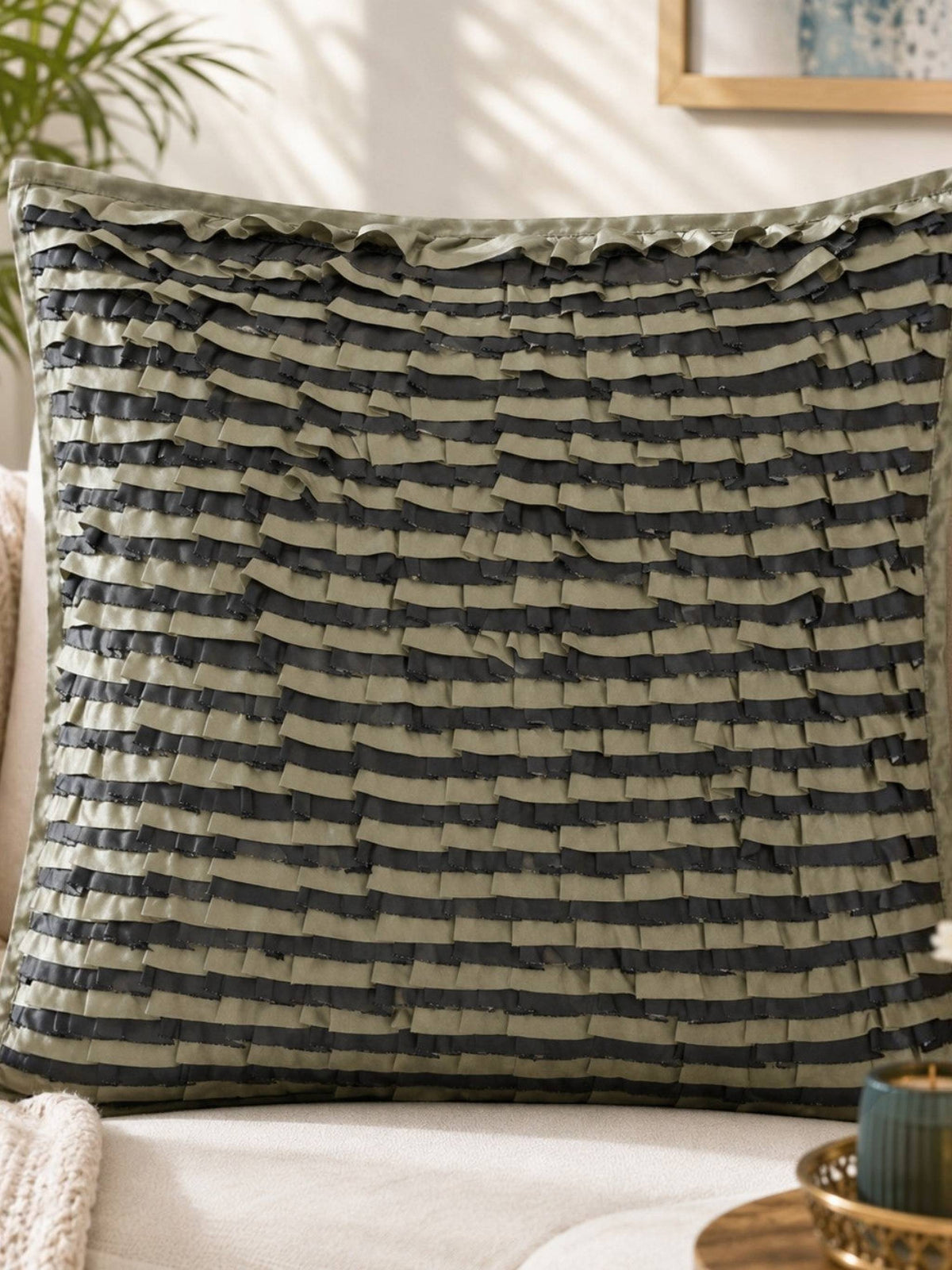 Jagdish Store decorative cushion cover with layered grey and black ruffled fabric for a textured modern look.