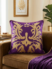 Jagdish Store purple cushion cover with intricate gold sequin floral embroidery and a luxurious textured finish.