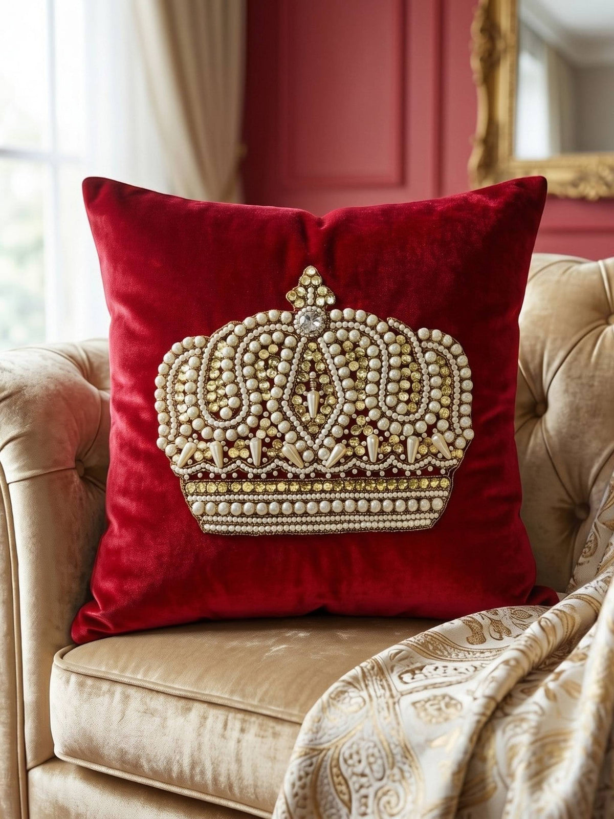 Jagdish Store red velvet cushion cover featuring a hand-embellished crown motif with faux pearls and gold accents.