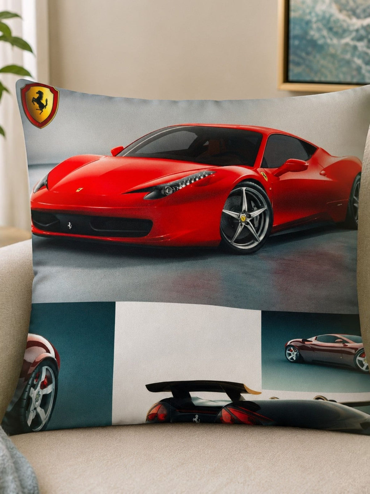 Multicolor polyester cushion cover with luxury sports car print design 16x16 inch