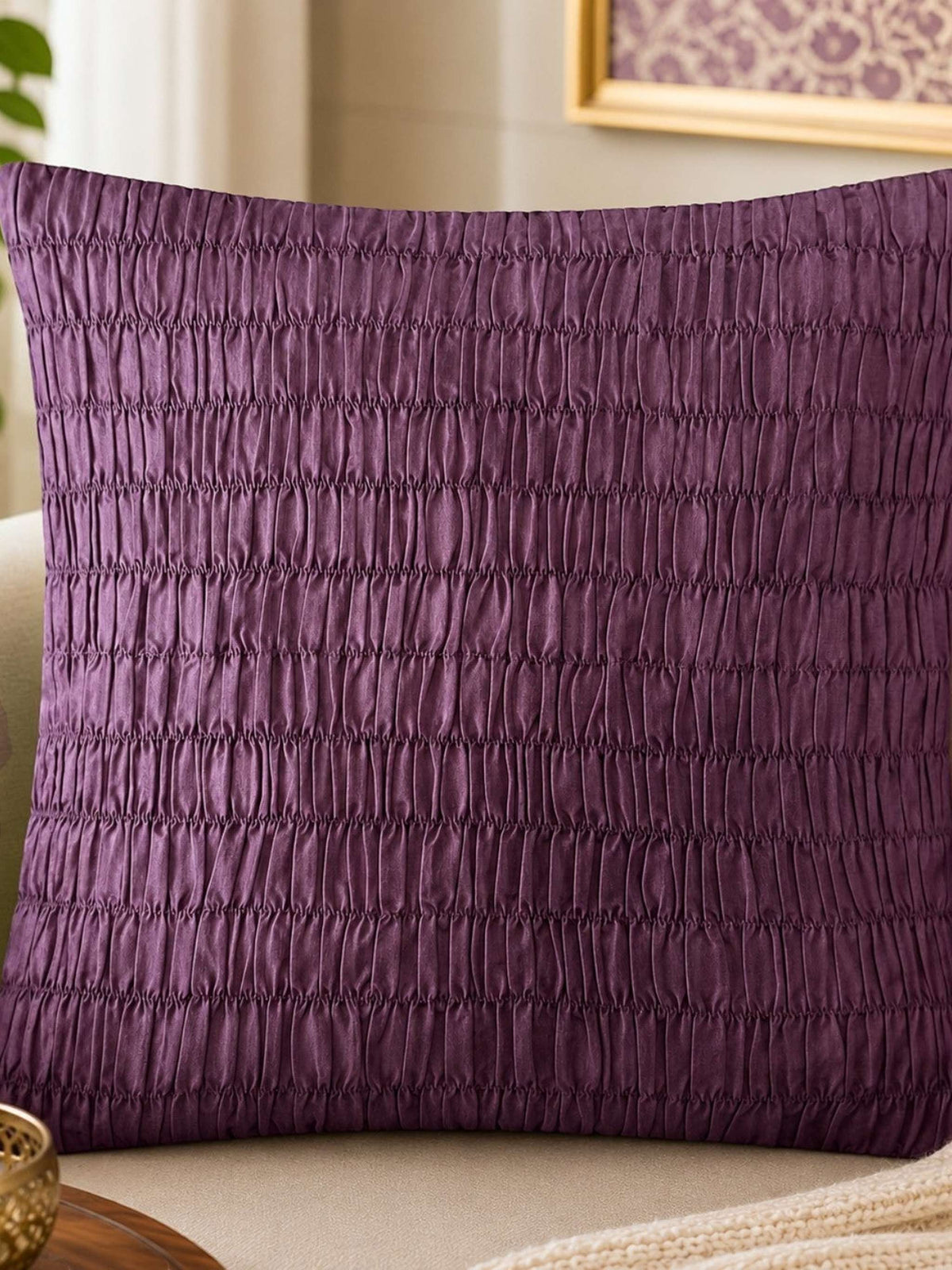 Purple cushion cover with ruched stripe textured design